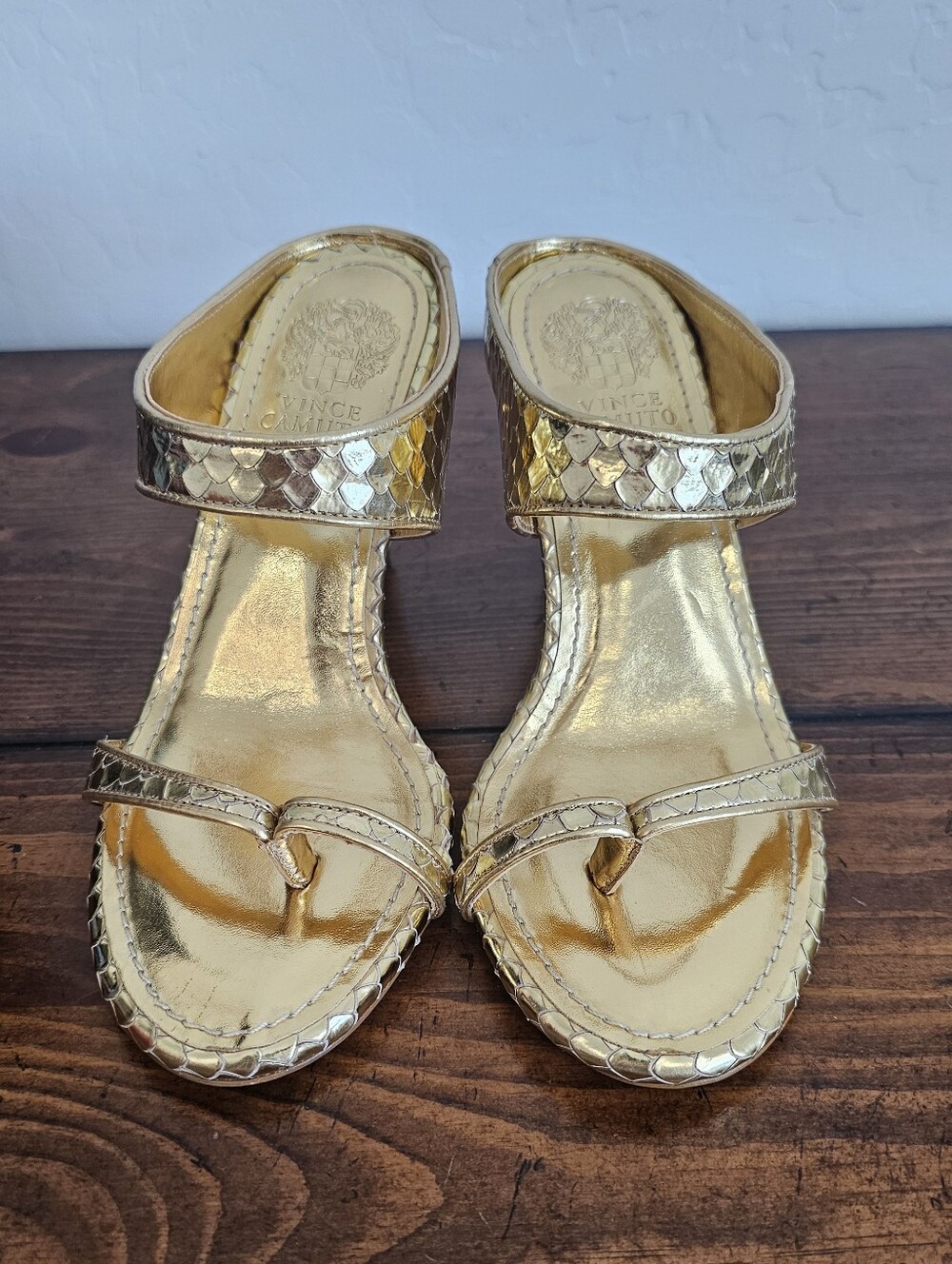 Vince Camuto Gold Metallic Snake-Print High Heel Slide Sandals Womens Sz 6M - Picture 2 of 9